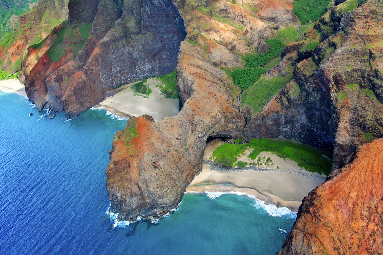 Hawaii, Kauai, Na Pali Coast, Aerial Of Coastal Cliffs And Honopu Beach (Or Cathedral Beach).
