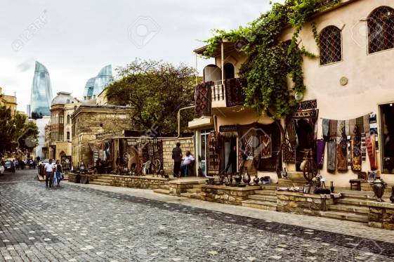 Icheri Sheher (Old Town) and the Flame Towers of Baku, Azerbaija