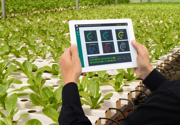iot smart industry robot 4.0 agriculture concept,industrial agronomist,farmer using tablet to monitor, control the condition in vertical or indoor farm ,the data including Ph, Temp, Ic, humidity, co2