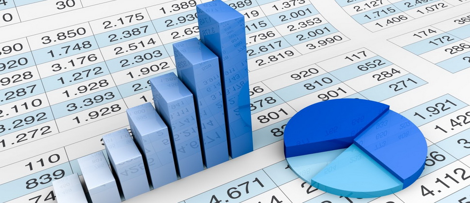 lot of numbers in a spreadsheet and charts over it (3d render)
