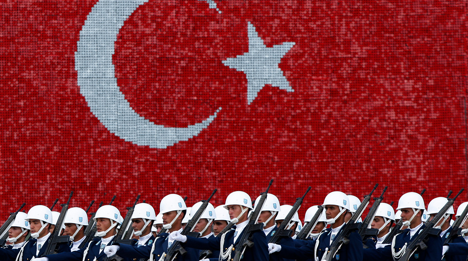 Turkish air force cadets march during a graduation ceremony for 197 cadets at the Air Force war academy in Istanbul