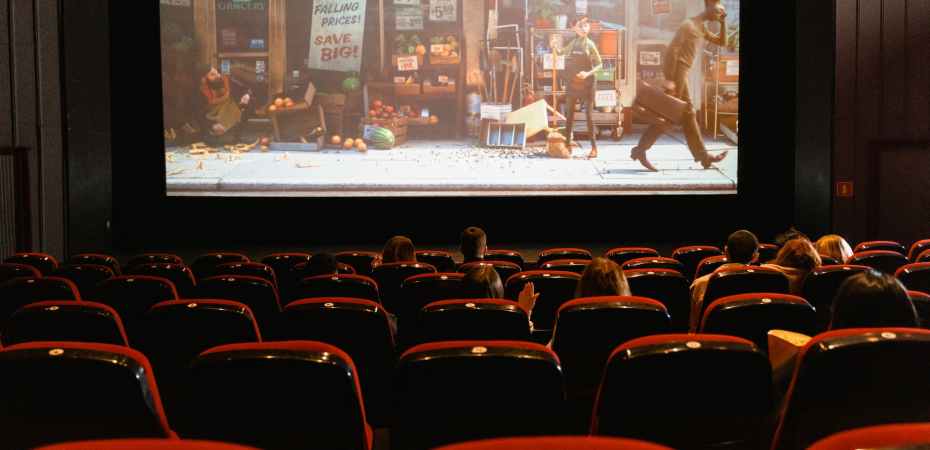 cartoon movie showing on theater screen