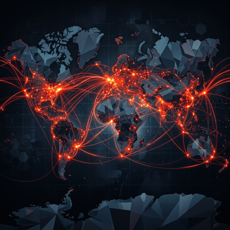 World map illustrating global network connections with glowing red lines and nodes