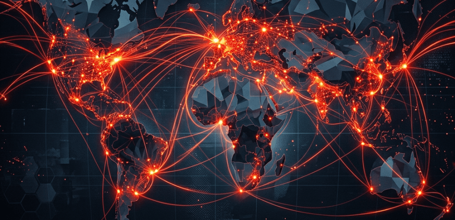 World map illustrating global network connections with glowing red lines and nodes