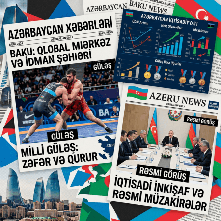Collage of Azerbaijani newspapers featuring wrestling competition, economic charts, and a government meeting