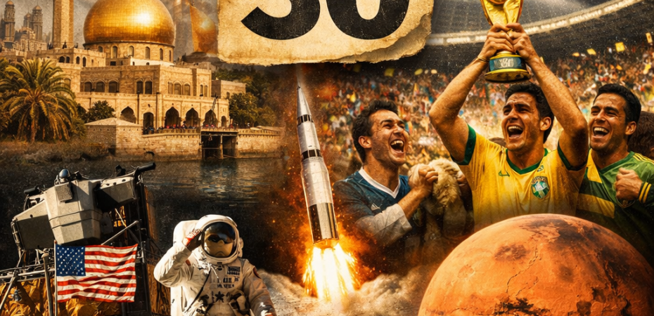 Collage showing July 30 date with landmarks, space exploration, and sports celebrations
