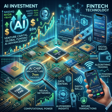 NVIDIA AI chip on circuit board surrounded by fintech technology icons and investment growth graphs