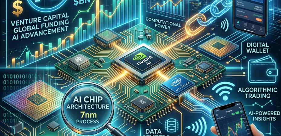 NVIDIA AI chip on circuit board surrounded by fintech technology icons and investment growth graphs