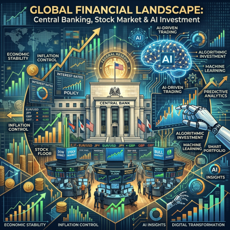 Central bank building surrounded by stock market floors, charts, AI brain, and robot hands illustrating AI-driven trading and economic elements