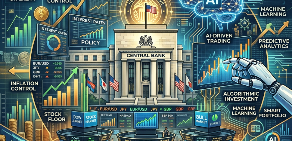 Central bank building surrounded by stock market floors, charts, AI brain, and robot hands illustrating AI-driven trading and economic elements