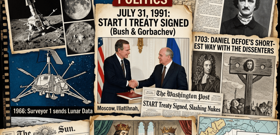 Collage of historic July 31 events including Ranger 7 moon landing, START treaty signing, Edgar Allan Poe's death, Alhambra Decree, and Peary's North Pole claim.