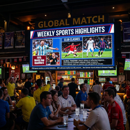 Group of people watching weekly sports highlights on a large screen in a sports bar