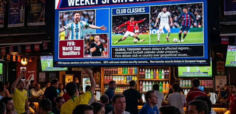 Group of people watching weekly sports highlights on a large screen in a sports bar