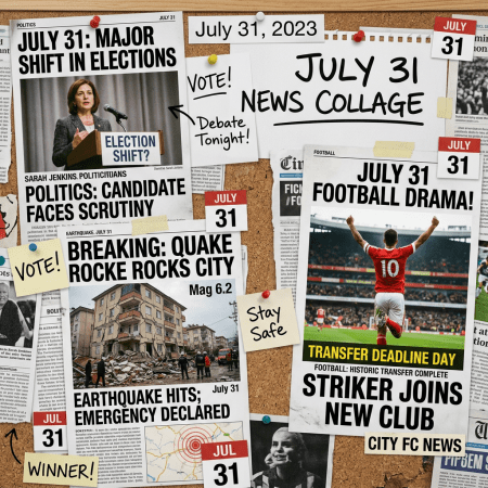 Bulletin board with news clippings about elections, earthquake, and football transfer on July 31