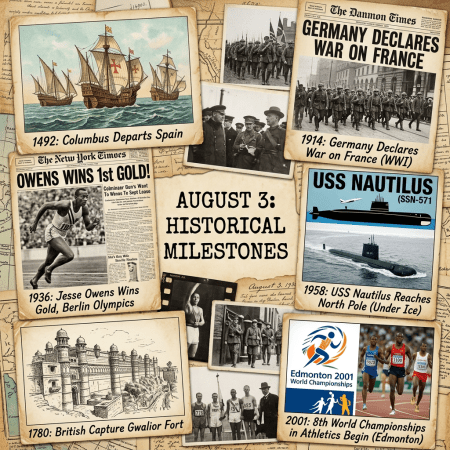 Collage showing historical events on August 3 including Columbus sailing, WWI declaration, Jesse Owens Olympic win, USS Nautilus under ice, Gwalior Fort capture, and 2001 World Athletics Championships