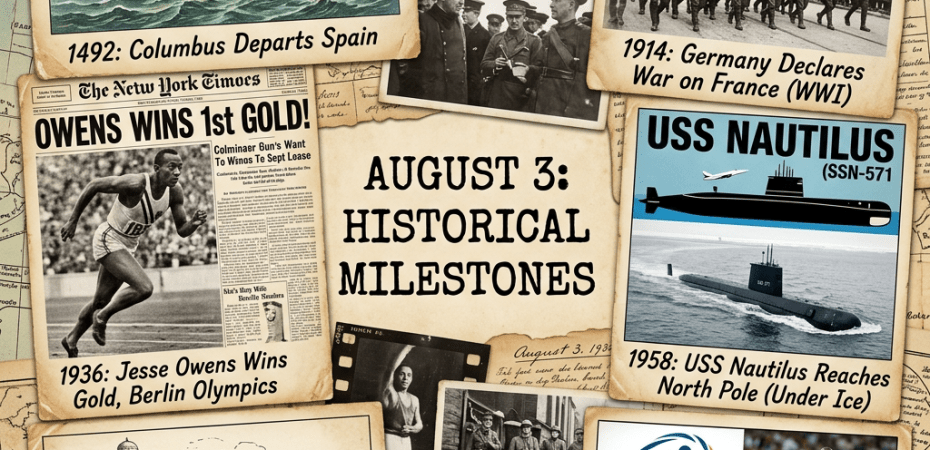 Collage showing historical events on August 3 including Columbus sailing, WWI declaration, Jesse Owens Olympic win, USS Nautilus under ice, Gwalior Fort capture, and 2001 World Athletics Championships