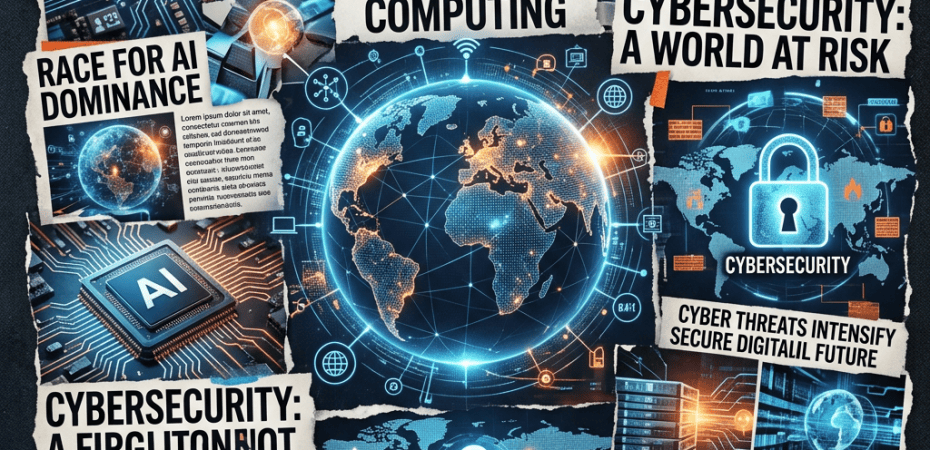 Collage showing AI chips, global digital network, cybersecurity padlocks, and headlines on AI dominance and hacking