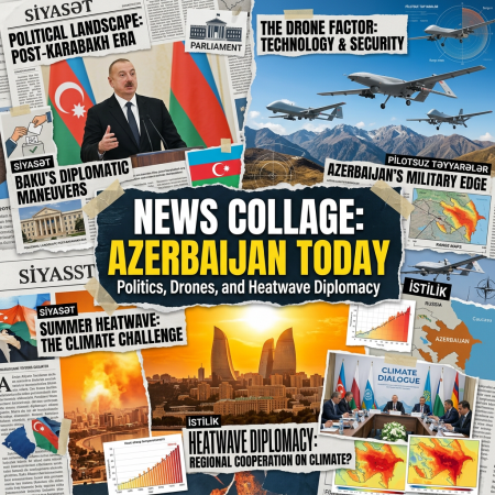 Collage showing Azerbaijan's politics with leader speaking, military drones over mountains, climate heatwave data, and diplomatic meetings