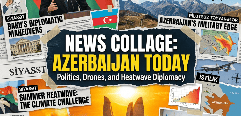 Collage showing Azerbaijan's politics with leader speaking, military drones over mountains, climate heatwave data, and diplomatic meetings
