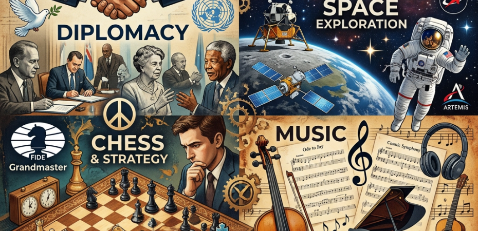 Collage showing diplomacy handshake, space exploration, chess game, and music instruments with related symbols
