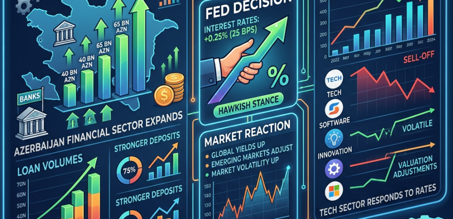 Charts and graphics showing Azerbaijan banking growth, Fed interest rate increase, and tech stock performance.