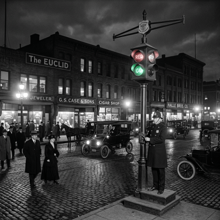 Police officer operating early traffic light with red stop and green go signs on busy city street at night