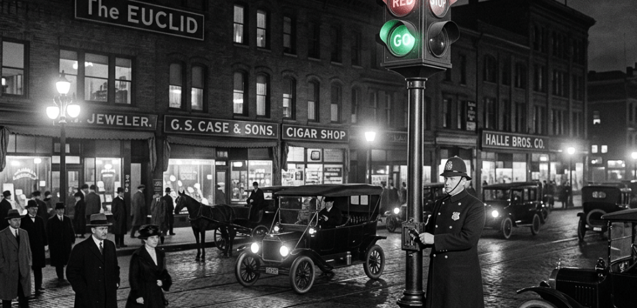 Police officer operating early traffic light with red stop and green go signs on busy city street at night