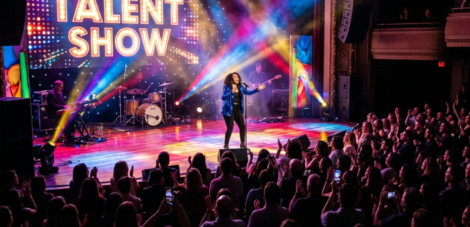 Singer performing on stage during a talent show with colorful lights and audience applauding