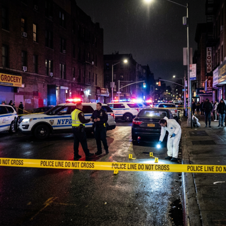 NYPD officers and forensic investigator at night behind police tape marking evidence on street