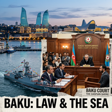 Naval ship on the Caspian Sea and courtroom scene at Baku Court of Appeal