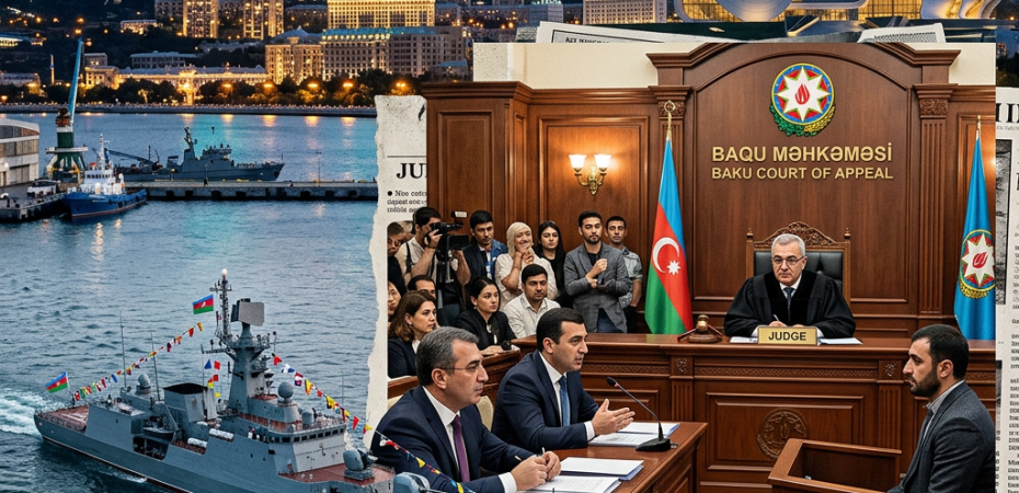 Naval ship on the Caspian Sea and courtroom scene at Baku Court of Appeal
