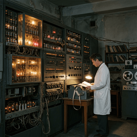 Technician in white coat operating vintage computer with illuminated vacuum tubes