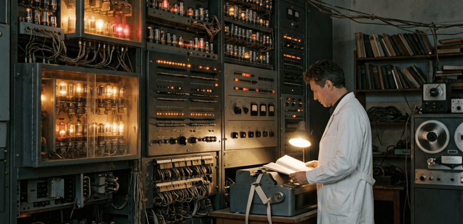 Technician in white coat operating vintage computer with illuminated vacuum tubes