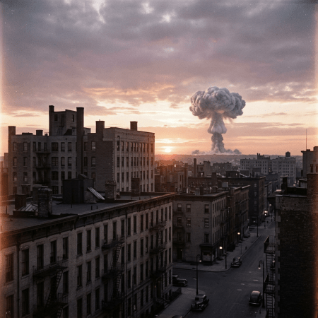 Mushroom cloud from nuclear explosion over urban buildings at sunset