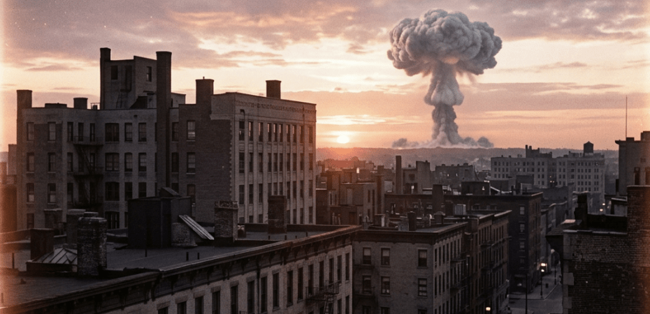 Mushroom cloud from nuclear explosion over urban buildings at sunset