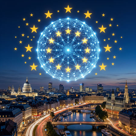Digital network globe with European Union stars over city skyline at dusk
