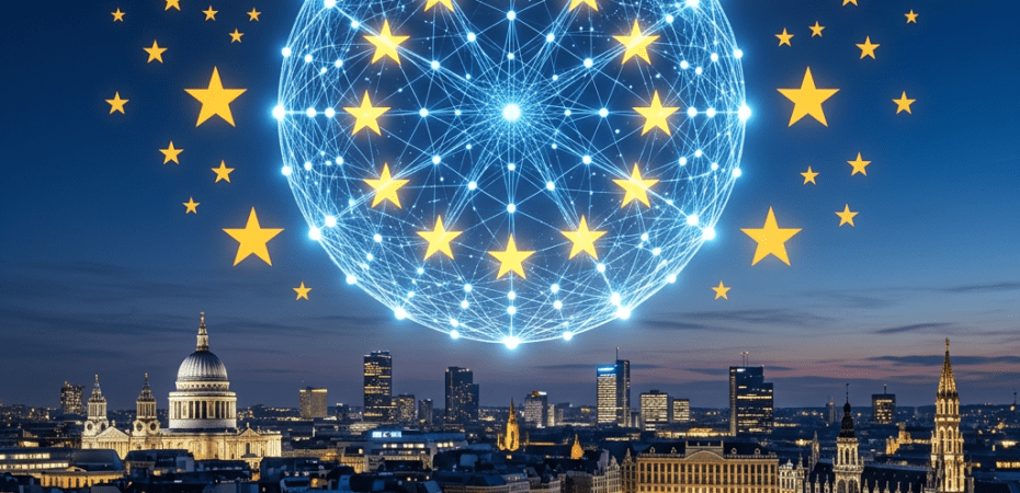 Digital network globe with European Union stars over city skyline at dusk