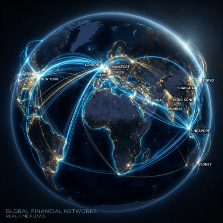 Globe showing financial data connections between New York, London, Paris, Frankfurt, Zurich, Dubai, Mumbai, Hong Kong, Shanghai, Tokyo, Singapore, and Sydney