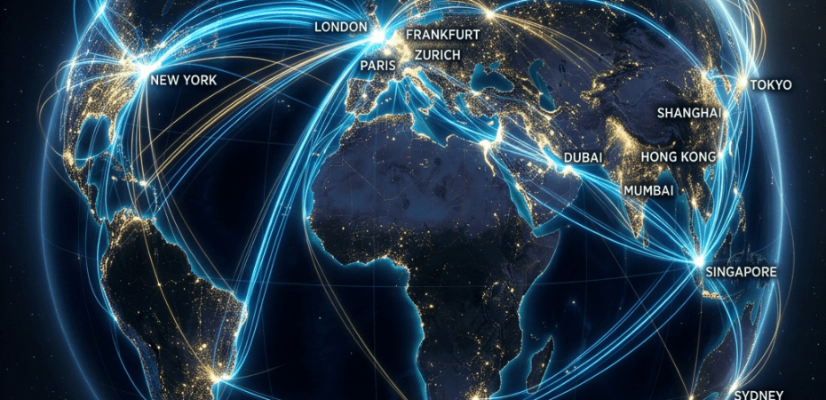 Globe showing financial data connections between New York, London, Paris, Frankfurt, Zurich, Dubai, Mumbai, Hong Kong, Shanghai, Tokyo, Singapore, and Sydney