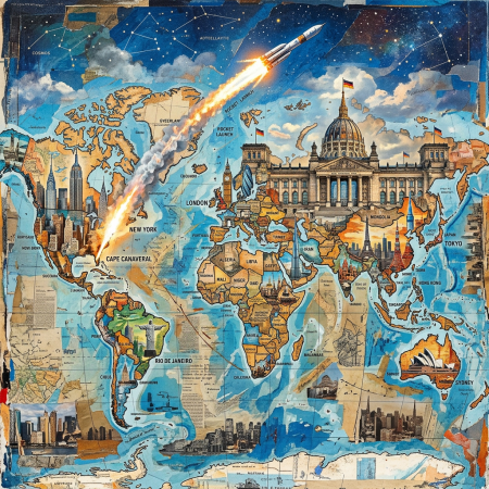 World map with famous global landmarks and a rocket launching into space