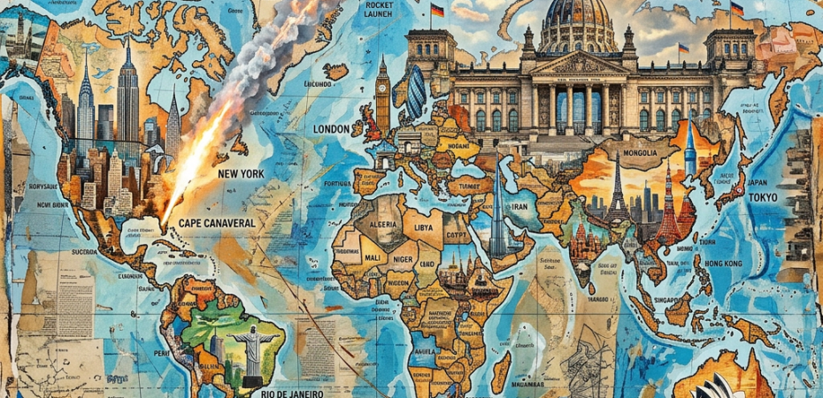 World map with famous global landmarks and a rocket launching into space