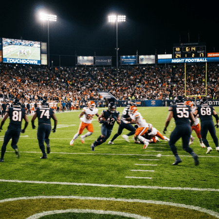 Football player running with the ball as opponents try to tackle him at night game