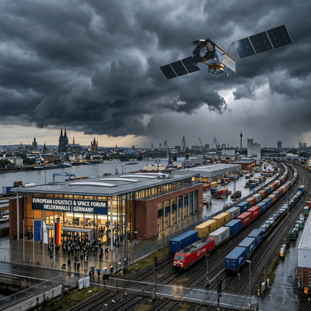 Building labeled European Logistics & Space Forum Heldenhalle Germany with people outside and a cargo train nearby under dark stormy skies and a satellite above