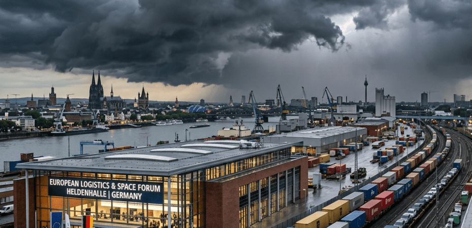 Building labeled European Logistics & Space Forum Heldenhalle Germany with people outside and a cargo train nearby under dark stormy skies and a satellite above