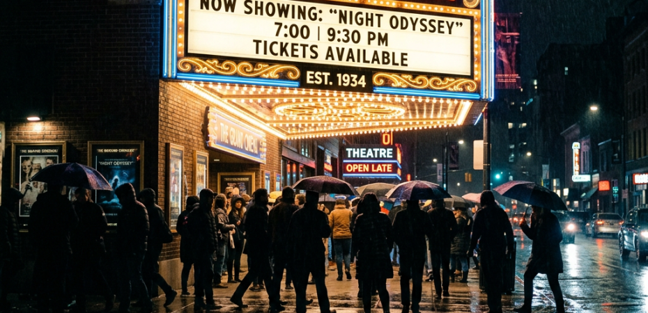 People standing in rain under umbrellas outside The Grand Cinema with illuminated marquee showing movie schedule