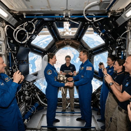 Astronaut couple exchanging wedding vows inside the space station with Earth visible through windows