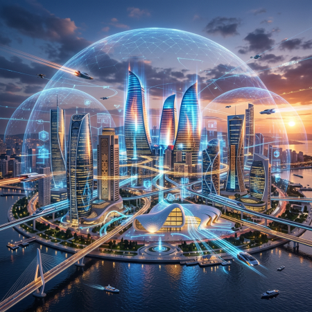 Futuristic cityscape with skyscrapers inside glowing blue digital domes and flying vehicles