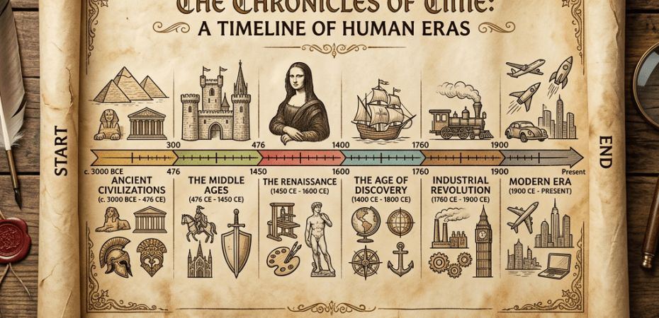 Timeline of human eras from Ancient Civilizations to Modern Era with representative icons