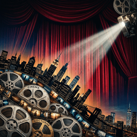 Old film reels labeled cinema, classic, and nocturne with city skyline and red theater curtains