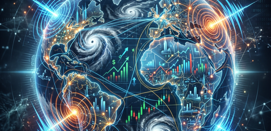 Digital globe highlighting seismic events, global storms, infrastructure, and market fluctuations